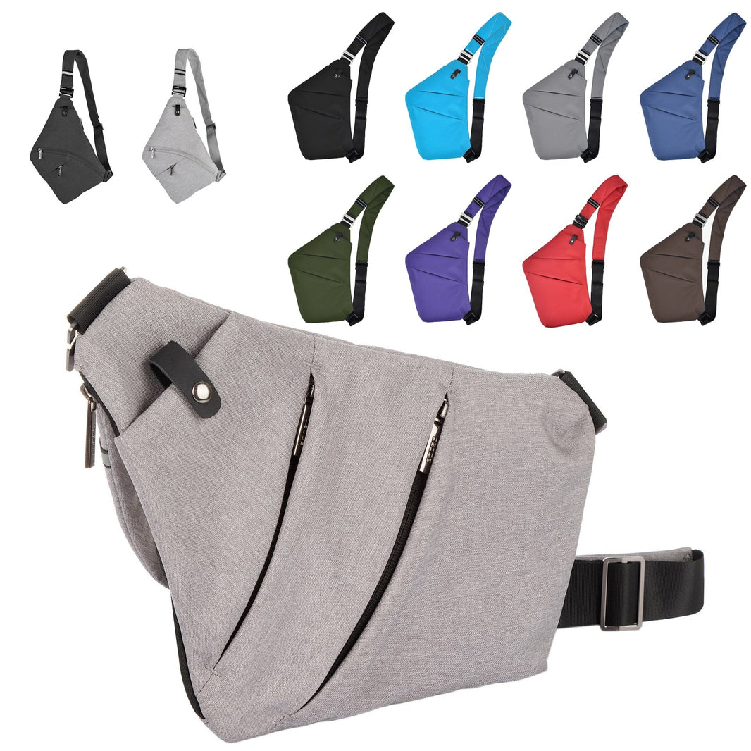 Canvas chest bag in smoke black worn across one shoulder, lightweight and compact with anti-radiation fabric lining.