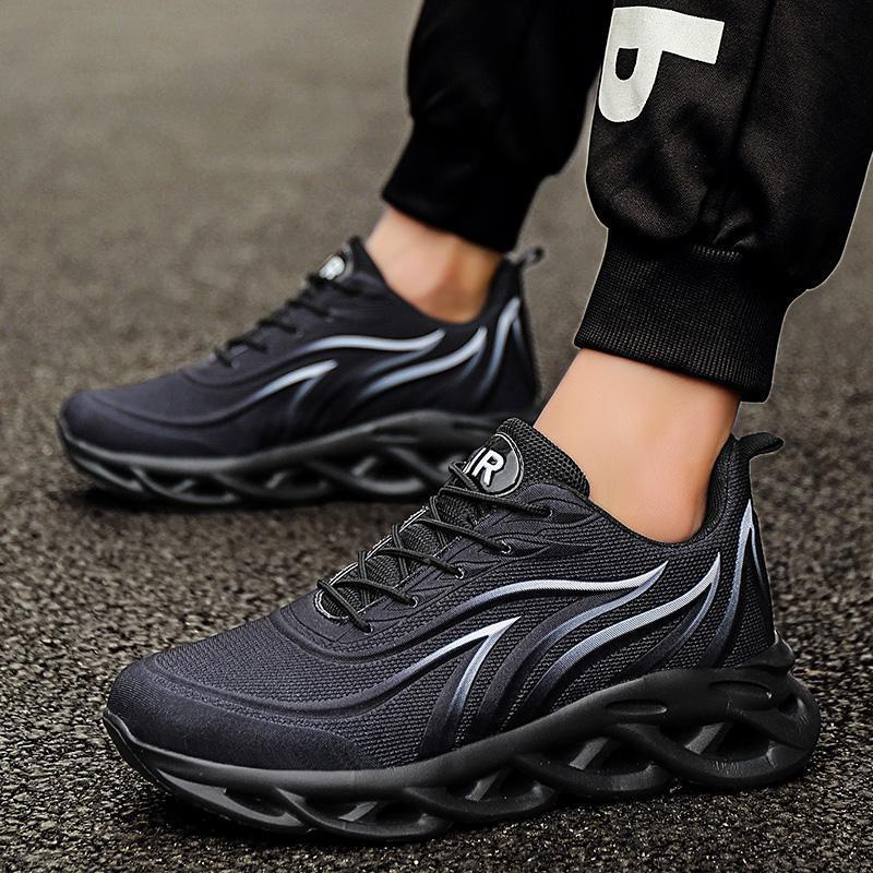 Men's casual running shoes with mesh upper and round toe in red, black, and white colors