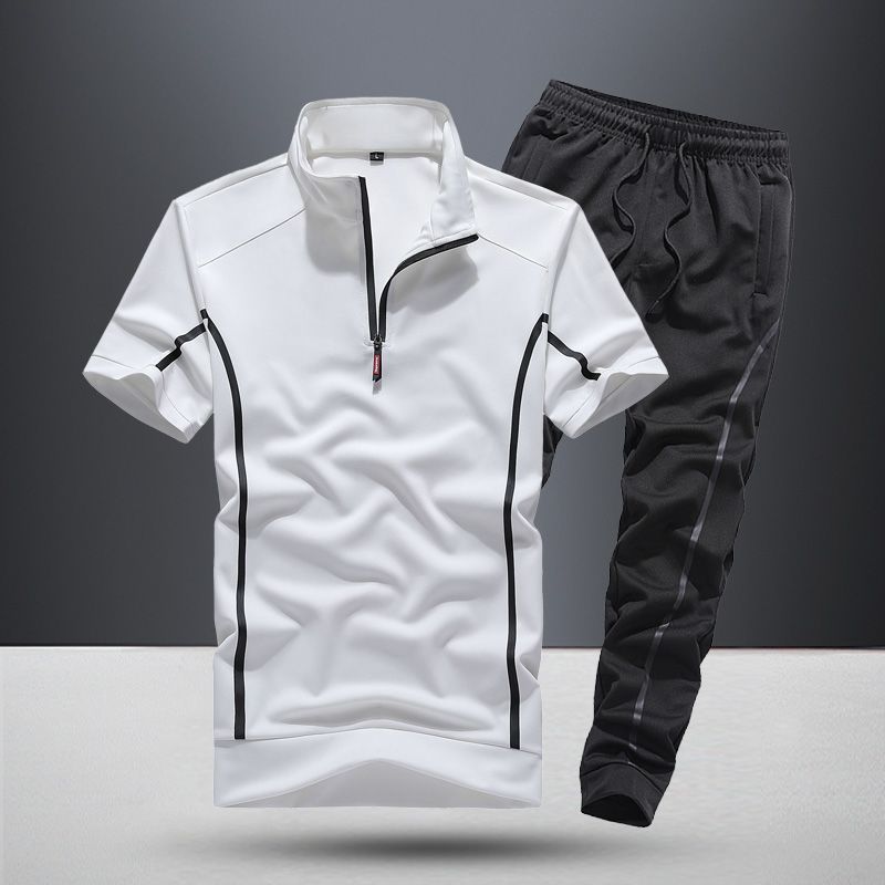Men's spring and summer sportswear casual running suit with stand collar and short sleeves in multiple colors