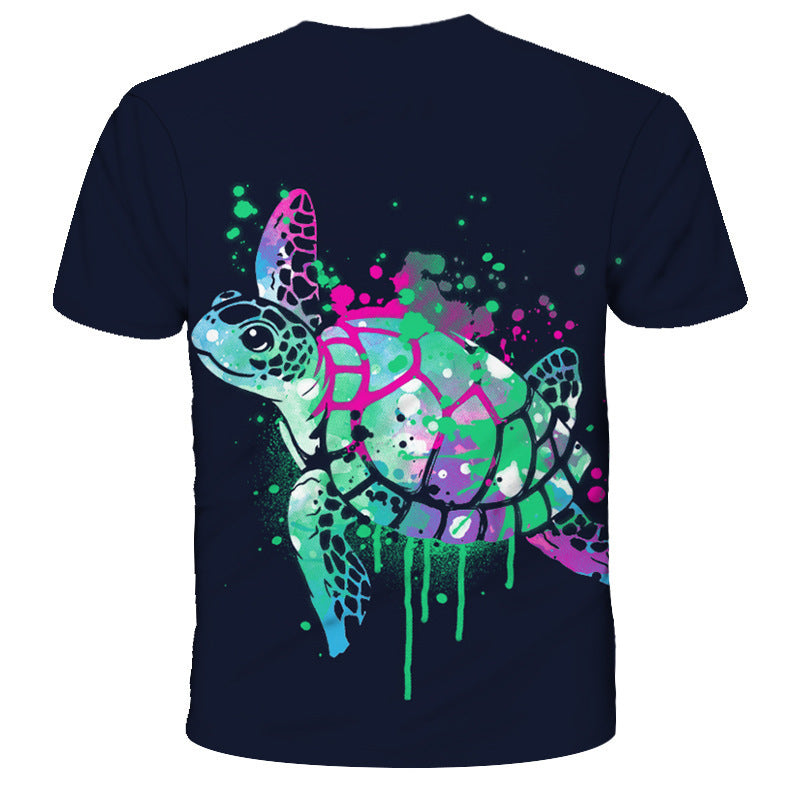 Men's slim fit printed 3D turtle short sleeve T-shirt with round neck and no collar