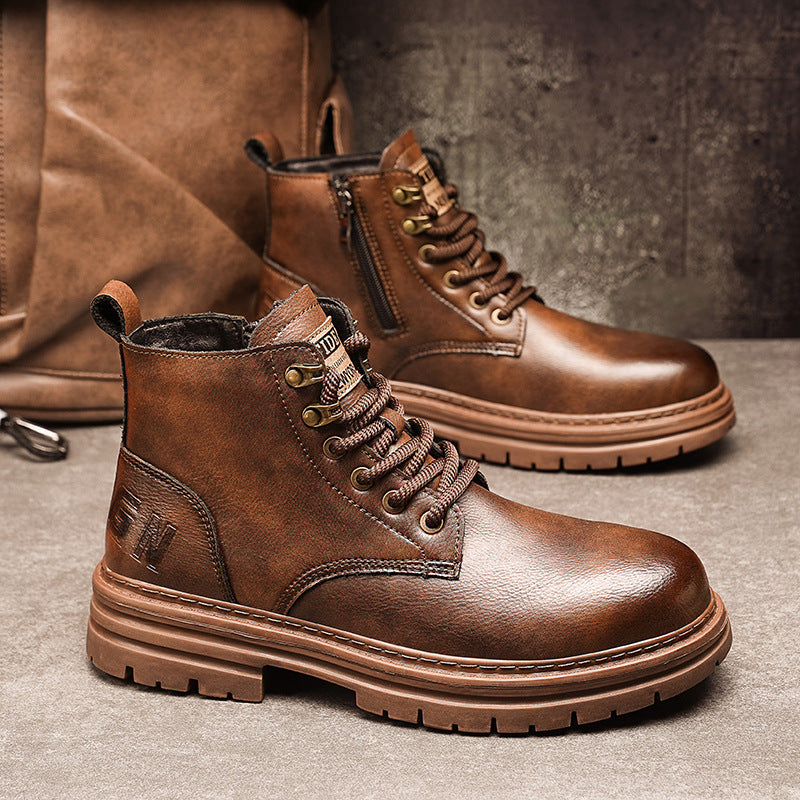Brown and black high-top American vintage work boots for autumn and winter with mid platform heel and round toe