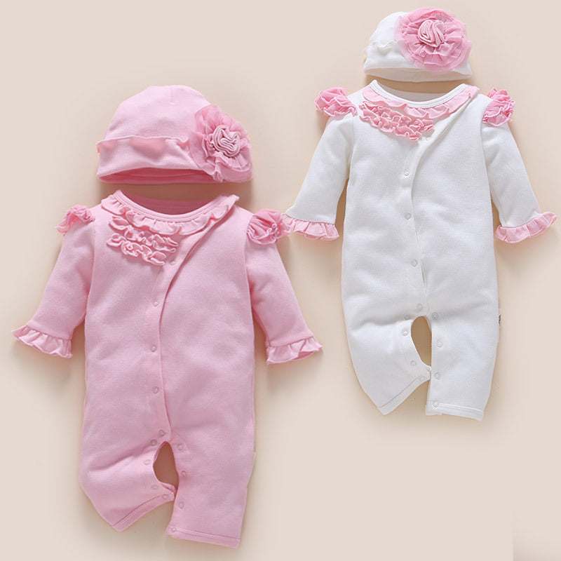 one-year-old baby wearing newborn cotton romper jumpsuit with removable cap