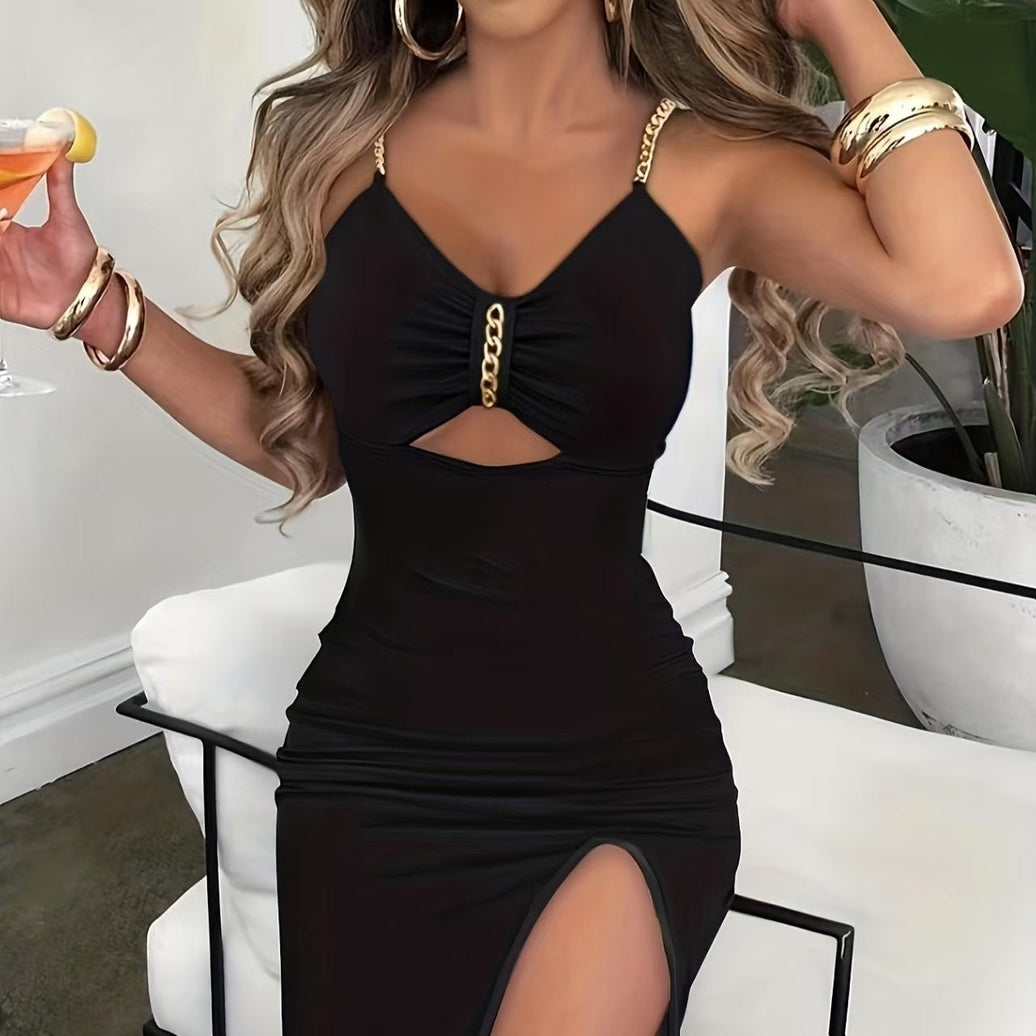 Slim fit sleeveless V-neck ladies' dress with chain decor and high slit in polyester for summer casual wear