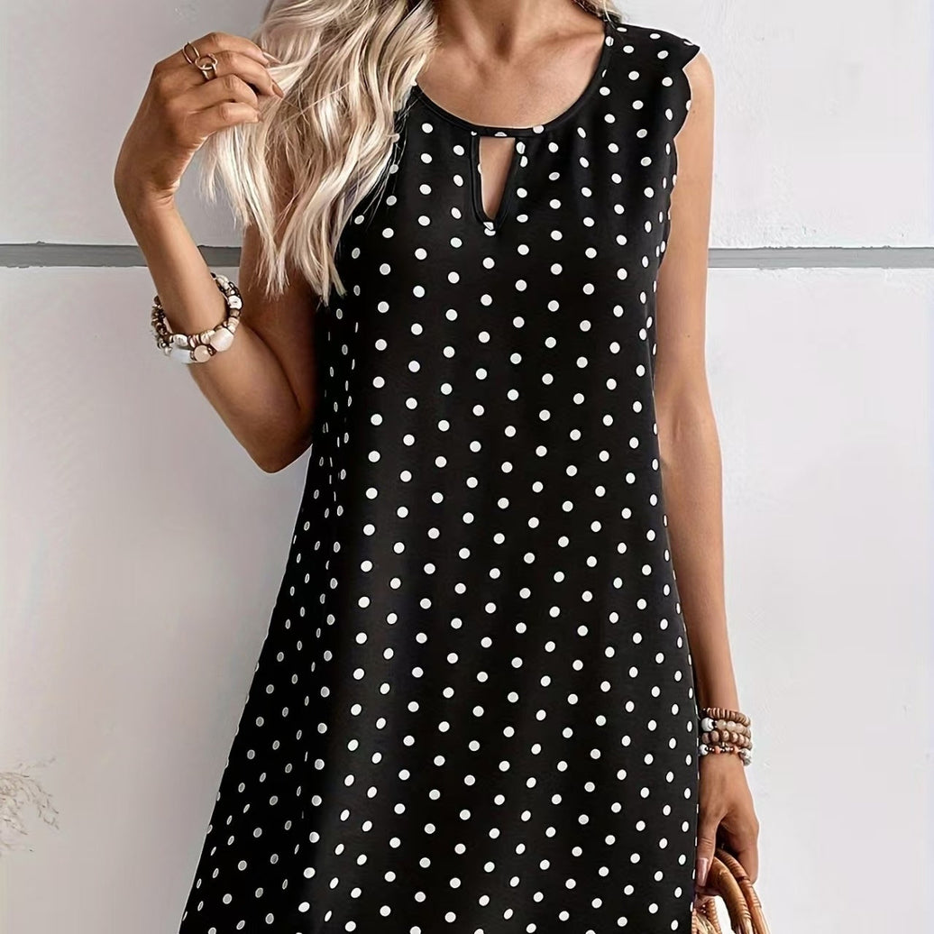 Ladies' fashionable casual sleeveless polka dot pullover dress with hollowed out collar and wavy edge skirt