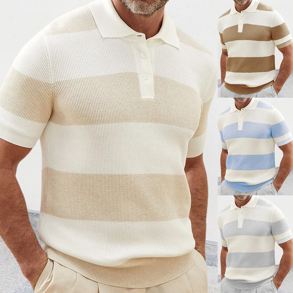 Mens summer fashion lapel short sleeve sweater in gray, blue, beige, and coffee colors