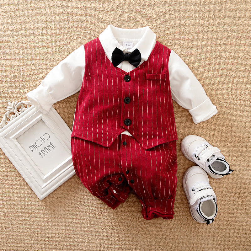 Baby boy wearing wine red cotton long sleeve autumn romper for babies