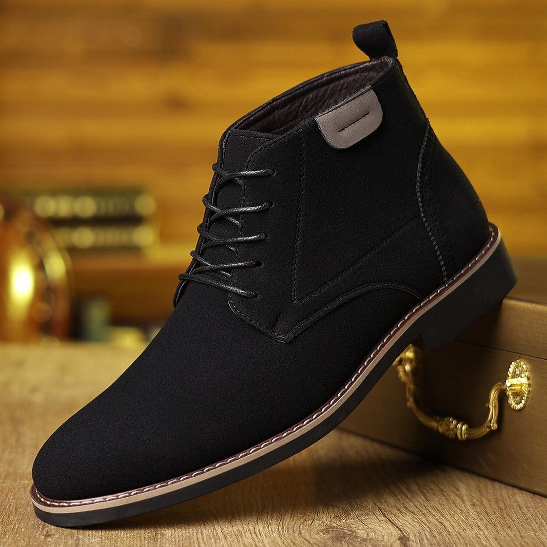 Martin Boots Men's British style high-top black leather suede shoes with rubber sole and pointed toe