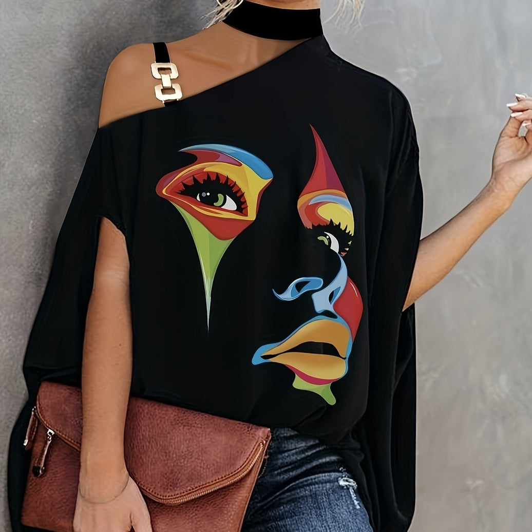 Ladies' fashionable slanted shoulder collar printed T-shirt top in casual lightweight design
