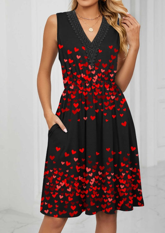 Ladies' V-neck heart-shaped printed casual off shoulder summer dress