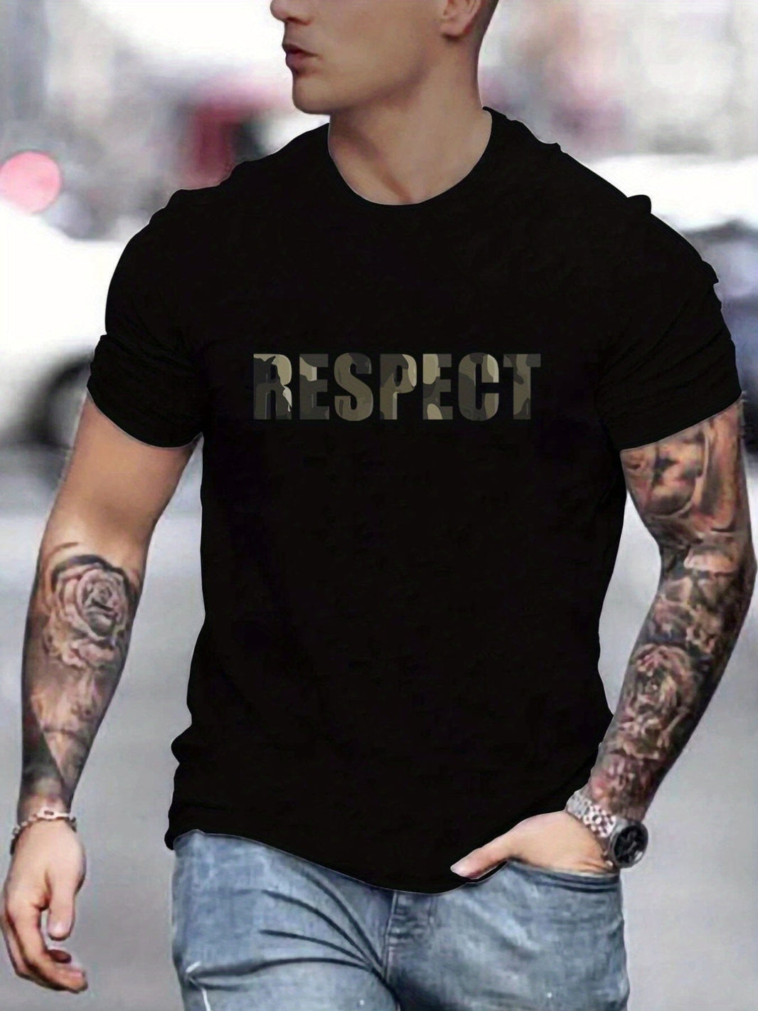 Men's RESPECT print T-shirt bold summer streetwear style