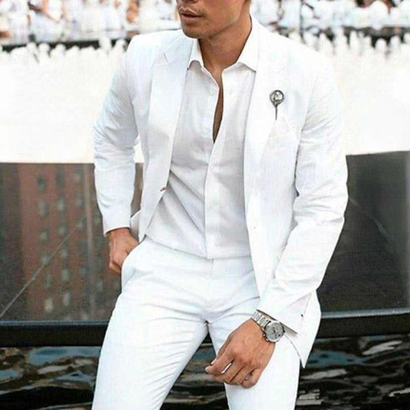 White men's slim fit cotton suit two-piece for wedding and light business spring wear
