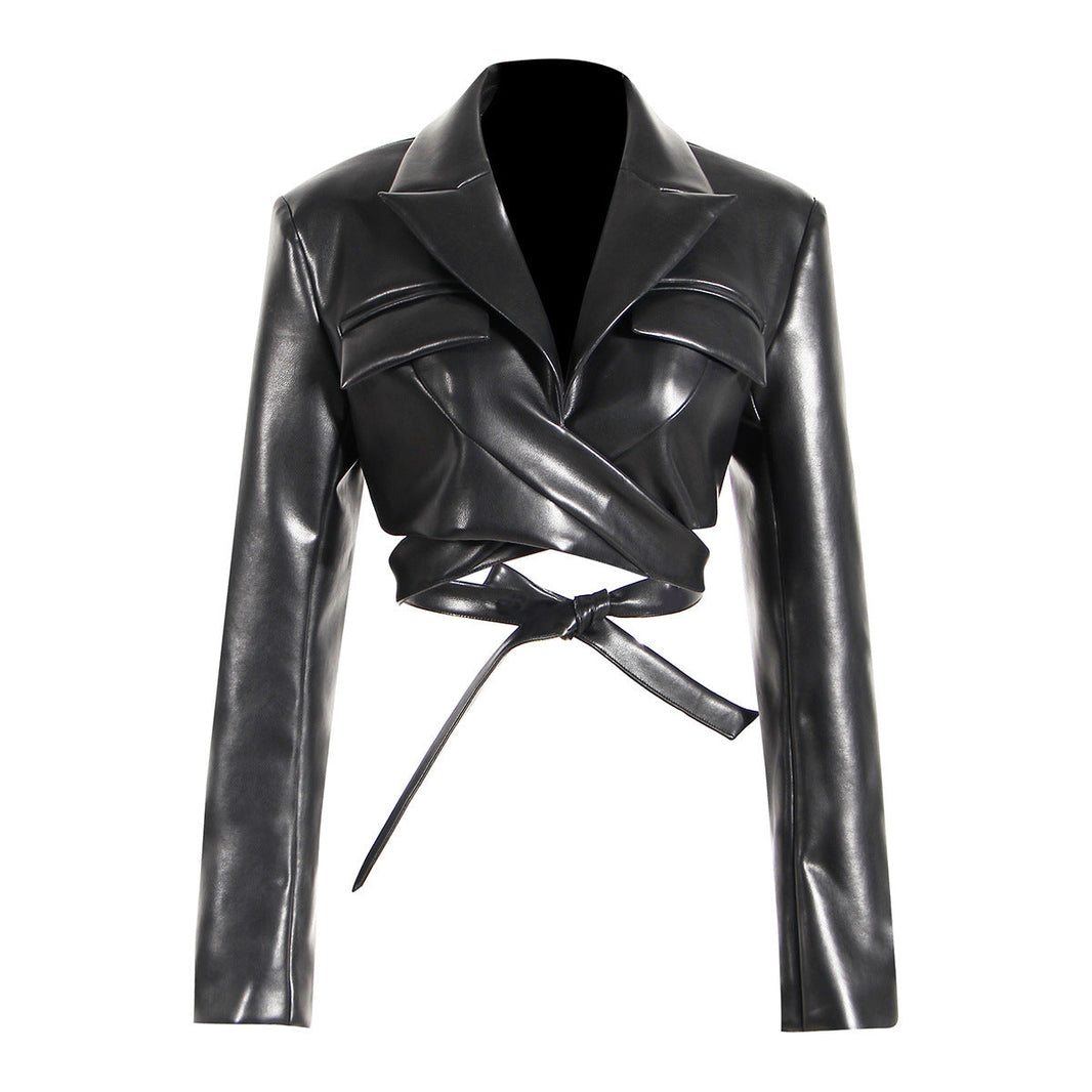 Black women's PU leather cross lace-up waistcoat with long sleeves and short jacket design
