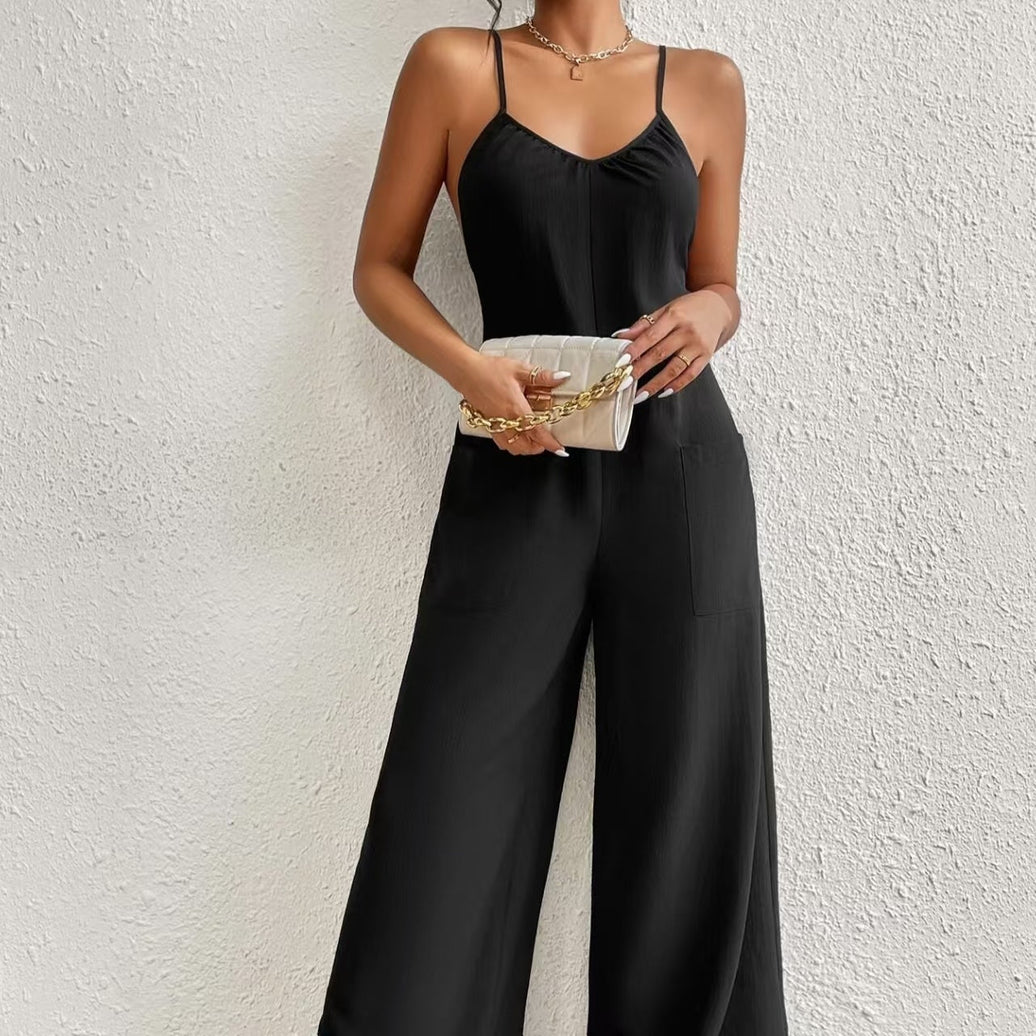 Ladies' Cross Leisure Vacation Lazy Backless Wide Leg Pants Camisole Skirt Jumpsuit for summer, lightweight and sleeveless