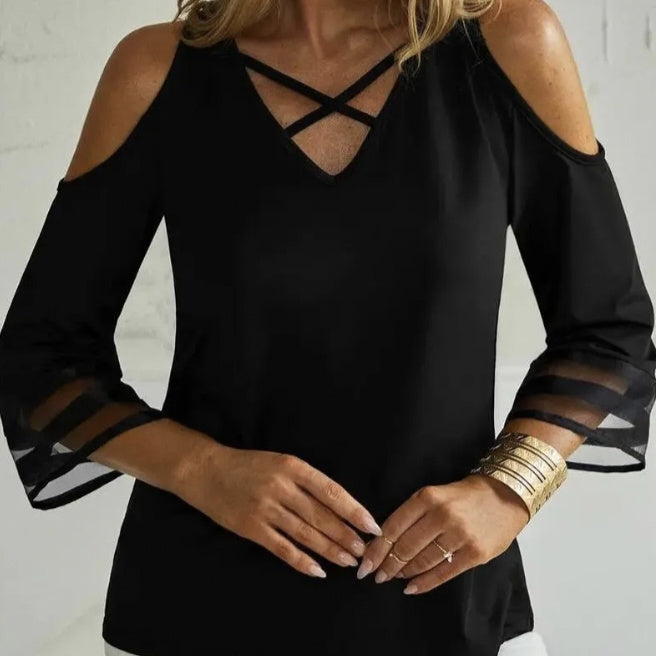 Women's off shoulder cross collar casual long sleeve t-shirt in lightweight breathable fabric