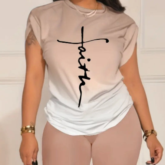 Casual daily two-piece set with faith cross graphic and all over print design