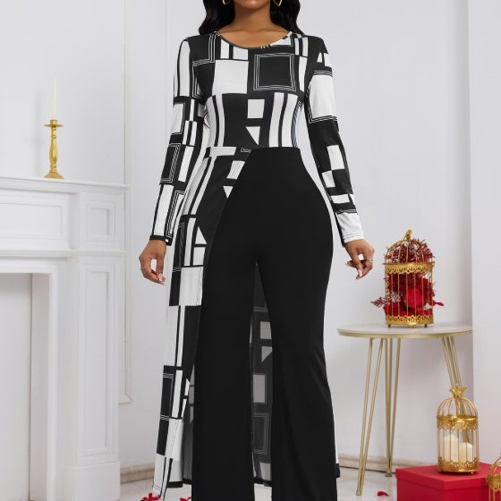 Ladies' fashionable and elegant long sleeved geometric pattern jumpsuit for autumn and winter commute