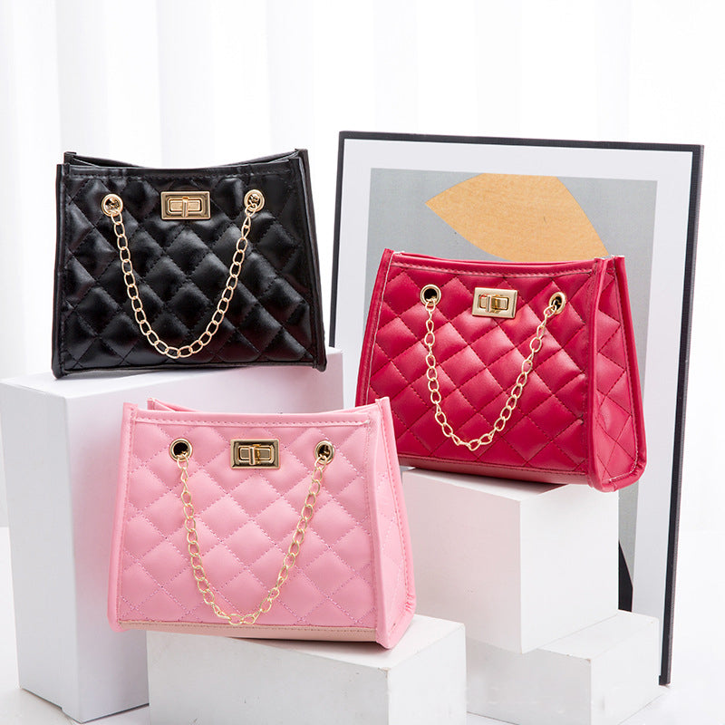 Collection of mini chain shoulder bags in various colors with rhombus embroidery and small square design for women