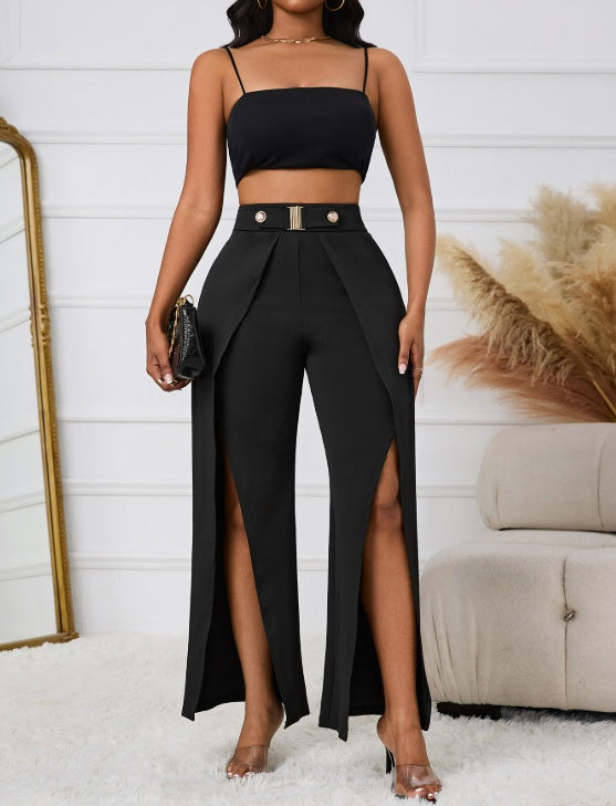 Ladies' solid color belt with loose wide leg slit elegant straight leg pants for spring and summer