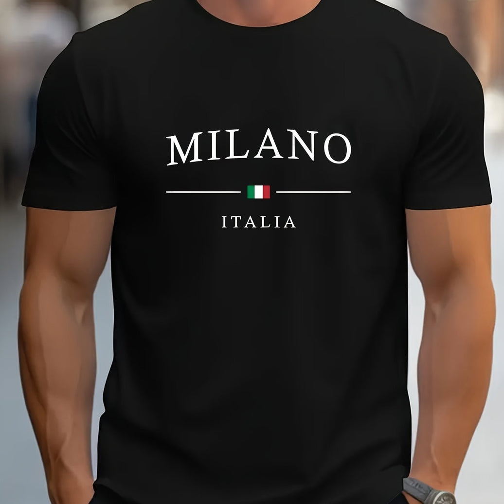 Milano patterned printed men's t-shirt with short sleeves and round neck, comfortable and elastic for summer streetwear