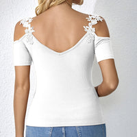 Ladies' Light V-neck Fashionable Casual Solid Color Lace Patchwork T-shirt Top