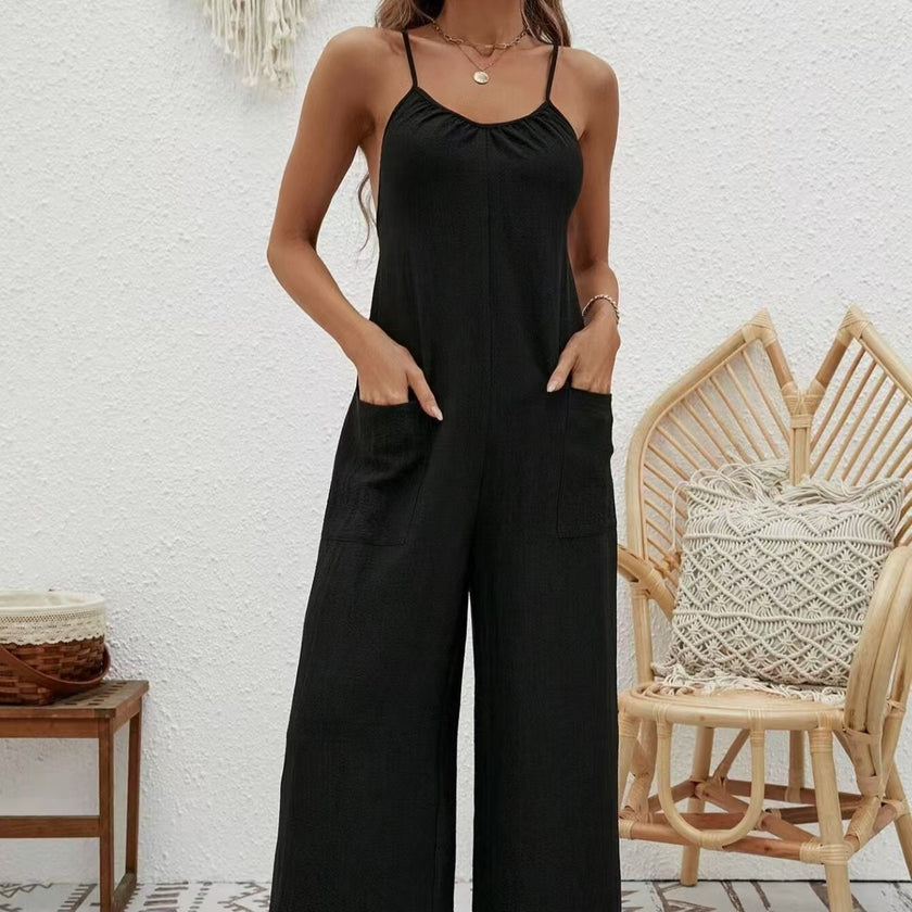 Ladies' Cross Leisure Vacation Lazy Backless Wide Leg Pants Camisole Skirt Jumpsuit