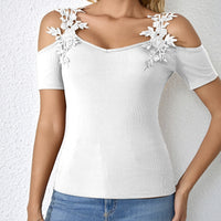 Ladies' Light V-neck Fashionable Casual Solid Color Lace Patchwork T-shirt Top