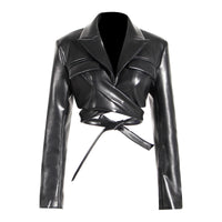 Women's PU Leather Cross Lace-up Waistcoat Long Sleeve Short Jacket