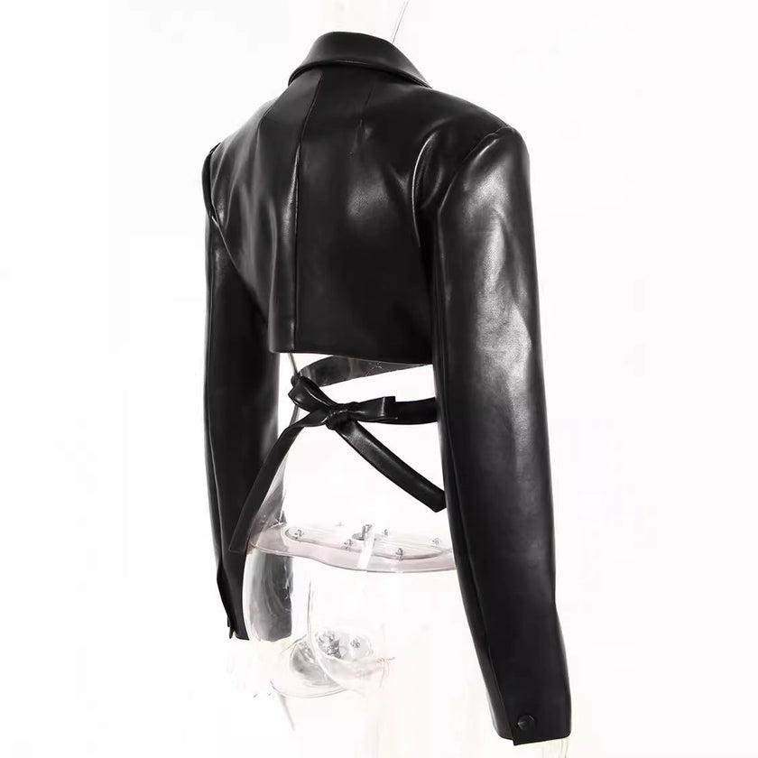 Women's PU Leather Cross Lace-up Waistcoat Long Sleeve Short Jacket