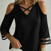 Women's Off Shoulder Cross Collar Casual Long Sleeve T-Shirt