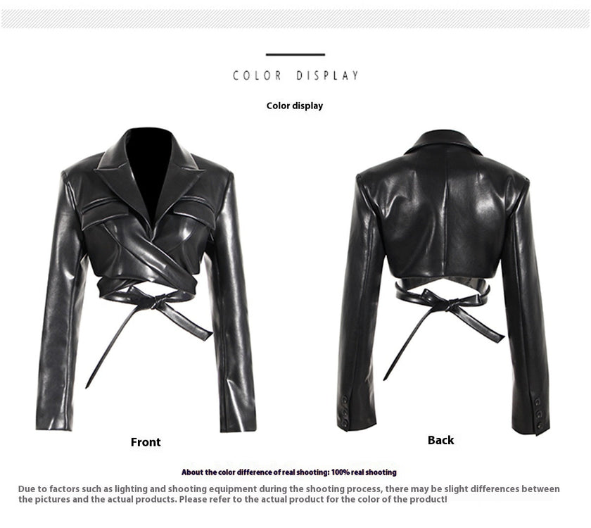 Women's PU Leather Cross Lace-up Waistcoat Long Sleeve Short Jacket