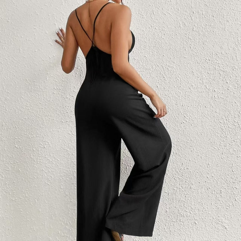 Ladies' Cross Leisure Vacation Lazy Backless Wide Leg Pants Camisole Skirt Jumpsuit