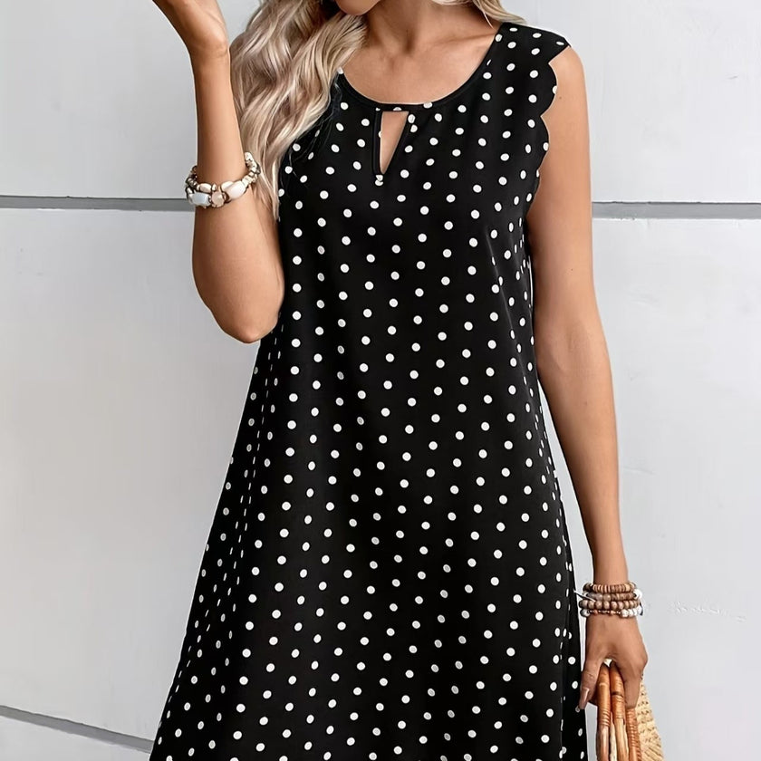 Ladies' Fashionable Casual Pullover Polka Dot Dress With Hollowed Out Collar And Round Neck Wavy Edge SkirtLadies' Fashionable Casual Pullover Polka Dot Dress With Hollowed Out Collar And Round Neck Wavy Edge Skirt