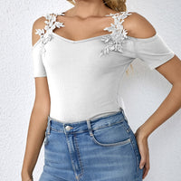 Ladies' Light V-neck Fashionable Casual Solid Color Lace Patchwork T-shirt Top